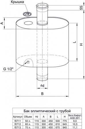 Бак "Таймыр" эллиптический с трубой 50л. Ф115