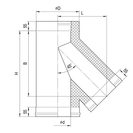 Сэндвич-тройник135(н/ж ст.0,5 мм +н/ж.ст.)Ф115х200