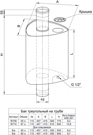 Бак "Каспий" треугольный на трубе 51л. Ф115